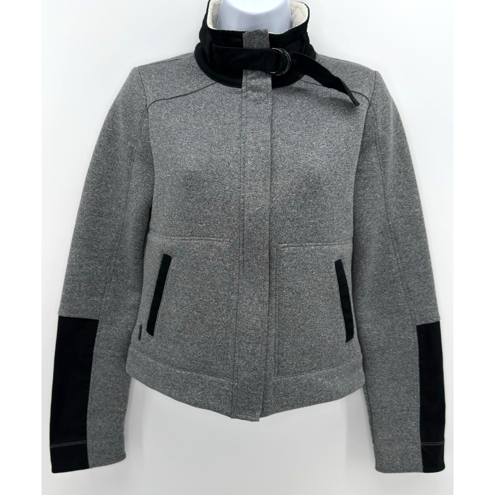 Lole Womens XS Fleece Lined Jacket Gray Black Belted Collar Full Zip